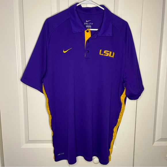Nike Dri-Fit LSU Tigers Polo Size XL Purple Gold Polyester Wicking Knit Mens - Picture 1 of 10
